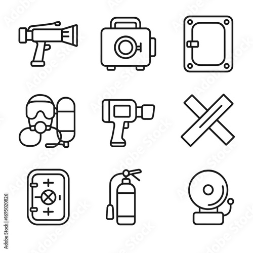 Damage Control Icons. Outline style icon of Damage Control Gear: fire hose nozzle, portable pump, flooding patch, self-contained