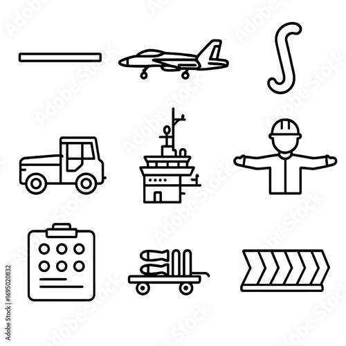 Carrier Air Wing Icons. Outline style icon of Carrier Air Wing: catapult shuttle, arresting wire hook, F/A-18 jet, flight-deck