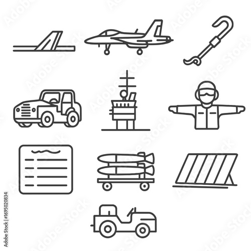Carrier Air Wing Icons. Outline style icon of Carrier Air Wing: catapult shuttle, arresting wire hook, F/A-18 jet, flight-deck