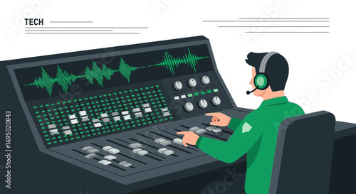 Audio engineer working on mixing console editing audio tracks for music production or broadcasting