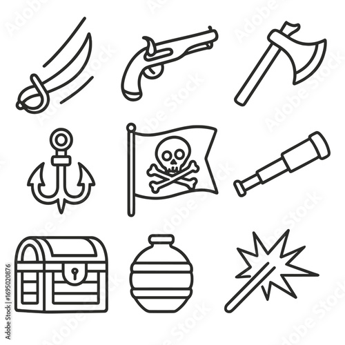 Pirate Gear Icons. Outline style icon of Pirate Skirmish Gear: cutlass slash, flintlock pistol, boarding axe, grapnel hook, black
