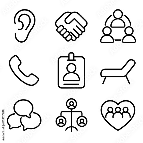 Support Network Icons. Outline style icon of Support Network Symbols: listening ear, helping hand clasp, group circle, mentor