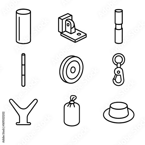 Flagpole Components Icons. Outline style icon of Flagpole Components: ground sleeve, tilt base hinge, sectional joint, aluminum