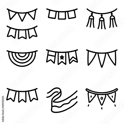 Festival Decoration Icons. Outline style icon of Festival Bunting & Pennants: triangular pennant, square cloth flag, tassel string