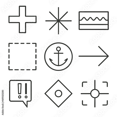 Nautical Symbols Outline. Outline style icon of Electronic Chart Symbols: danger wreck cross, isolated rock asterisk, dredged