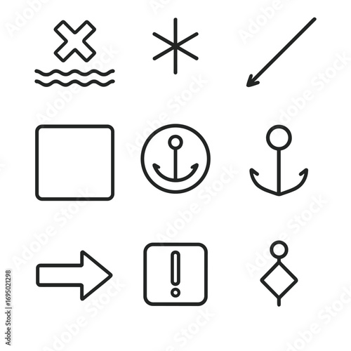 Nautical Symbols Outline. Outline style icon of Electronic Chart Symbols: danger wreck cross, isolated rock asterisk, dredged