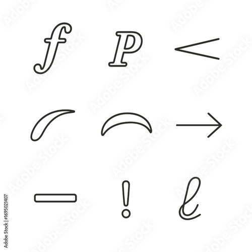 Musical Symbols Outline. Outline style icon of Musical Expressions & Markings: forte F, piano P, crescendo hairpin, decrescendo