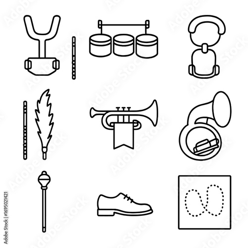 Marching Band Icons. Outline style icon of Marching Band Elements: snare drum carrier, tenor quad set, bass drum harness, flute