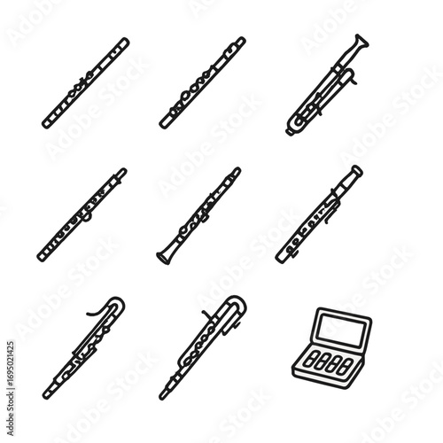 Woodwind Instrument Icons. Outline style icon of Woodwind Section: flute, piccolo, oboe, English horn, clarinet, bass clarinet,