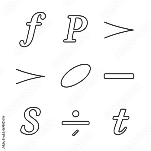 Musical Symbols Outline. Outline style icon of Musical Expressions & Markings: forte F, piano P, crescendo hairpin, decrescendo