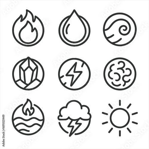 Elemental Energy Orbs. Outline style icon of Elemental Energy Orbs: fiery core, watery droplet orb, airy swirl sphere, earthy