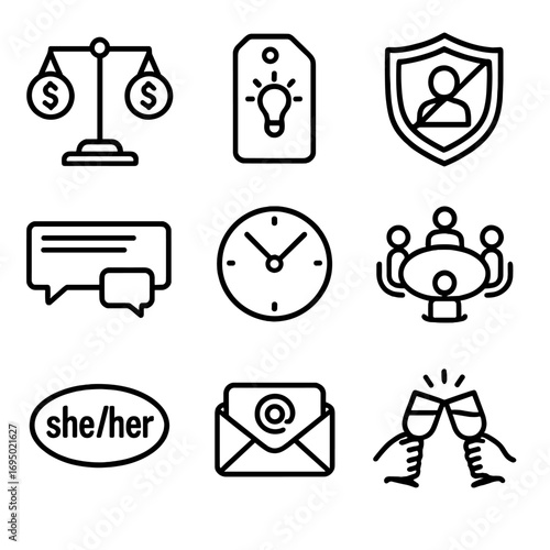 Workplace Respect Icons. Outline style icon of Workplace Respect Practices: equal pay scale, idea credit tag, zero harassment