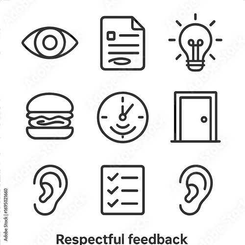 Respectful Feedback Icons. Outline style icon of Respectful Feedback: observation eye, specific example note, impact ripple,