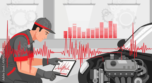 Automotive technician performing diagnostics on a car engine with a tablet device in a garage