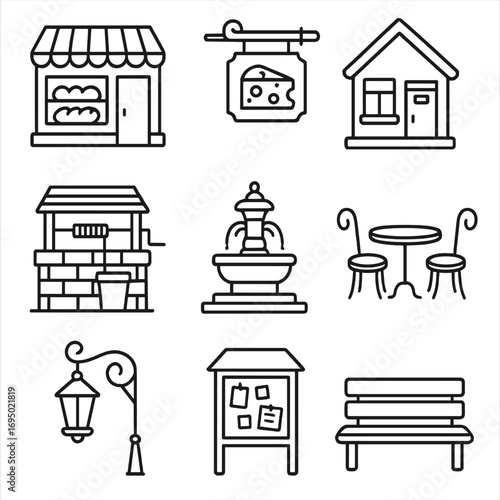 Village Main Street Icons. Outline style icon of Village Main Street Essentials: bakery storefront, cheese shop sign, small post