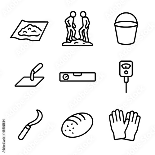 Cob Building Toolkit Icons. Outline style icon of Cob Building Toolkit: mixing tarp, foot stomp crew, bucket brigade, hawk trowel,