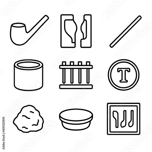 Clay Pipe Iconography. Outline style icon of Historic Clay Pipes: clay tobacco pipe, bowl mold, reed stem, kiln saggar, pipe rack,
