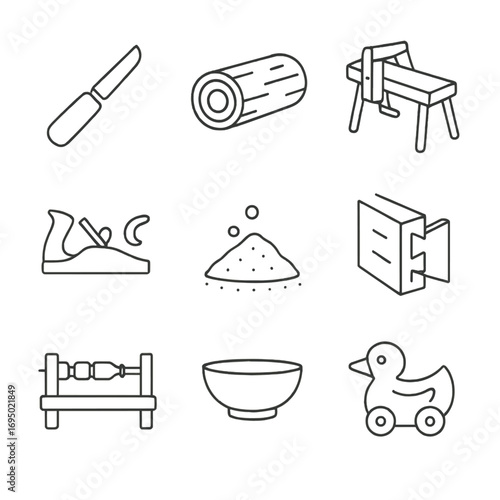 Woodcraft Icon Set. Outline style icon of Woodcraft Workshops: carving knife, timber log, shaving bench, wood plane, sawdust pile,