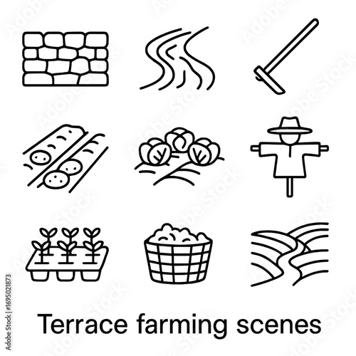 Terrace Farming Icons. Outline style icon of Terrace Farming Scenes: stone terrace wall, irrigation channel, wooden hoe, potato