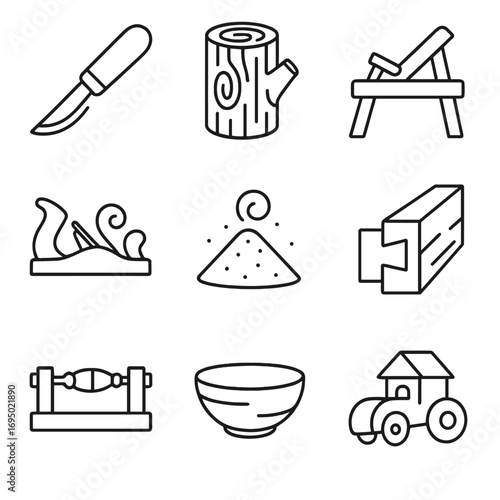 Woodcraft Icon Set. Outline style icon of Woodcraft Workshops: carving knife, timber log, shaving bench, wood plane, sawdust pile,