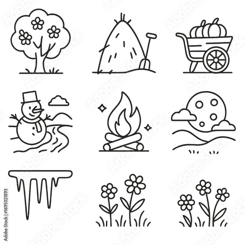 Seasonal Village Icons. Outline style icon of Seasonal Village Scenes: spring blossom tree, summer haystack, autumn pumpkin cart,