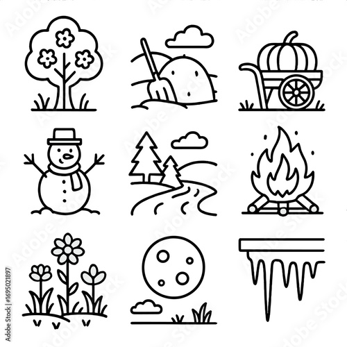 Seasonal Village Icons. Outline style icon of Seasonal Village Scenes: spring blossom tree, summer haystack, autumn pumpkin cart,