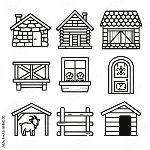 Rustic Mountain Icons. Outline style icon of Rustic Mountain Architecture: stone refuge hut, log chalet, shingle roof barn, wooden