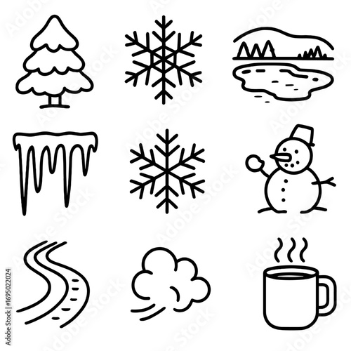 Winter Wonderland Icons. Outline style icon of Winter Wonderland Scenes: snow-laden pine, frost crystal close-up, frozen lake,