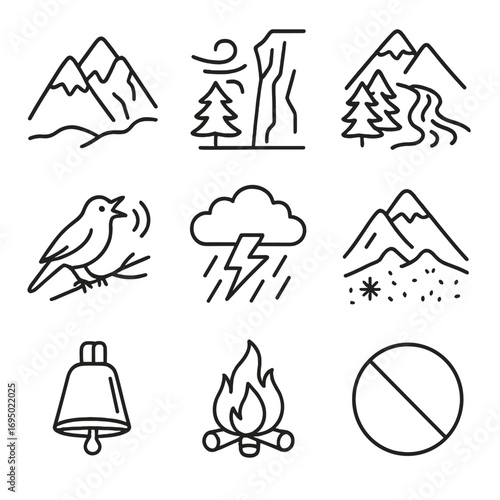 Mountain Soundscape Icons. Outline style icon of Mountain Soundscapes: echo cliff wall, wind in trees, rushing stream, bird call,
