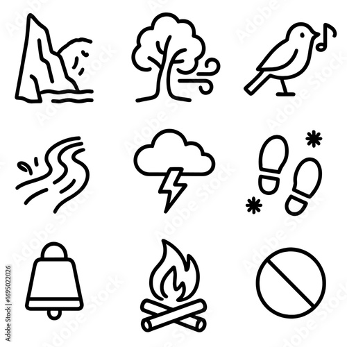 Mountain Soundscape Icons. Outline style icon of Mountain Soundscapes: echo cliff wall, wind in trees, rushing stream, bird call,