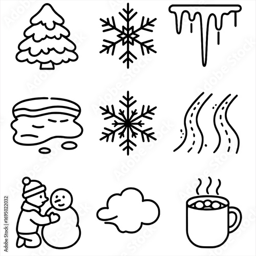Winter Wonderland Icons. Outline style icon of Winter Wonderland Scenes: snow-laden pine, frost crystal close-up, frozen lake,