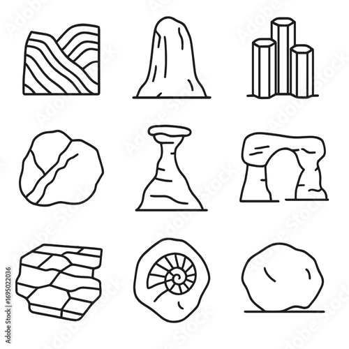 Geological Features Icons. Outline style icon of Geological Features: folded strata cliff, granite monolith, basalt column, quartz