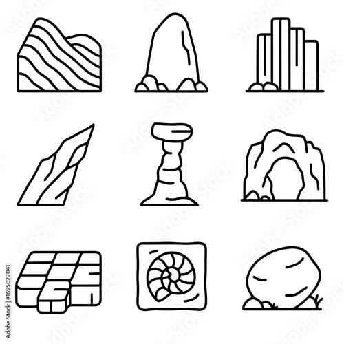 Geological Features Icons. Outline style icon of Geological Features: folded strata cliff, granite monolith, basalt column, quartz