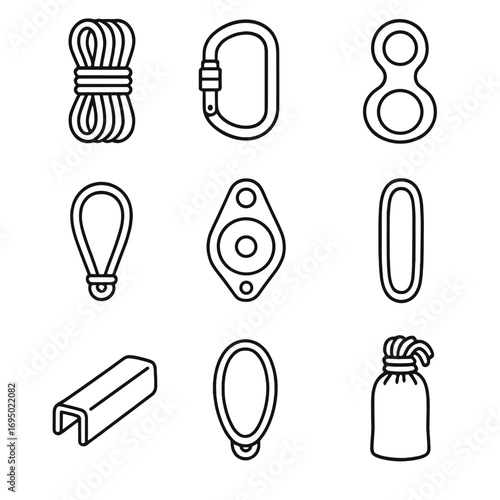 Technical Rope Gear Icons. Outline style icon of Technical Rope Equipment: static rope coil, locking carabiner, figure-8 descender
