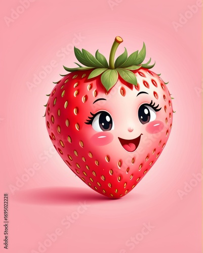 Cute cartoon strawberry with smiling face, kawaii fruit character illustration.