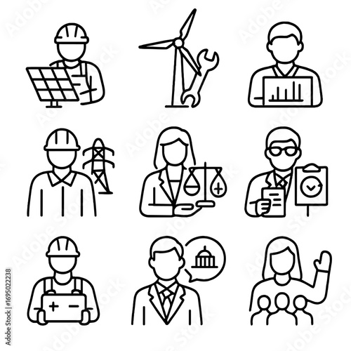 Renewable Energy Careers Icons. Outline style icon of Renewable Career Roles: solar installer, wind technician, energy analyst,