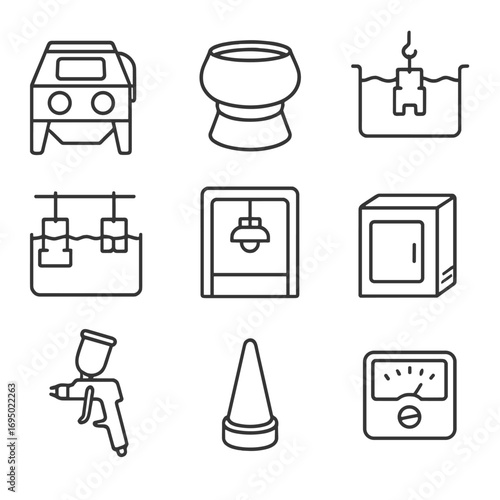 Surface Treatment Icons. Outline style icon of Surface Treatment Line: shot blasting cabinet, vibratory tumbler, anodizing tank,