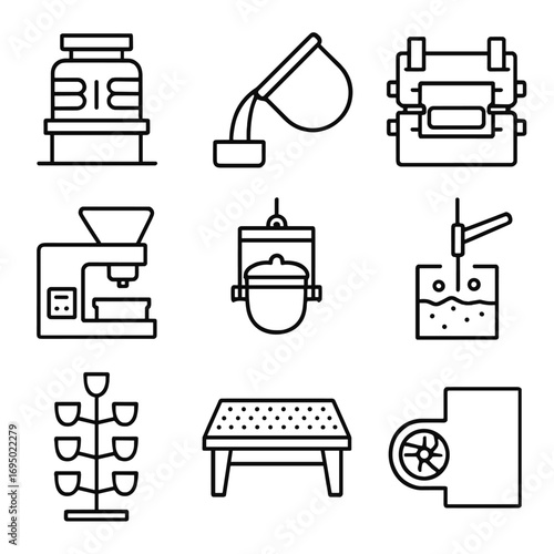 Foundry Process Icons. Outline style icon of Foundry & Casting: induction furnace, crucible pour, sand mold box, core shooter,
