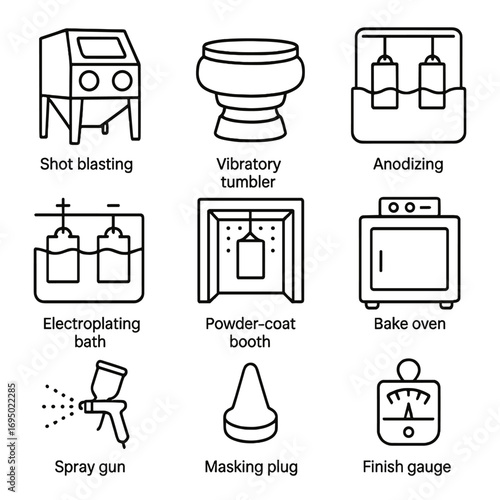 Surface Treatment Icons. Outline style icon of Surface Treatment Line: shot blasting cabinet, vibratory tumbler, anodizing tank,