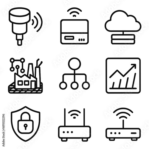 Industry 4.0 Connectivity. Outline style icon of Industry 4.0 Connectivity: IIoT sensor, edge gateway, MES dashboard, cloud server
