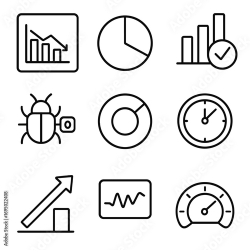 QA Dashboard Icons. Outline style icon of QA Metrics Dashboard: defect density chart, test execution pie, pass rate bar, open bugs
