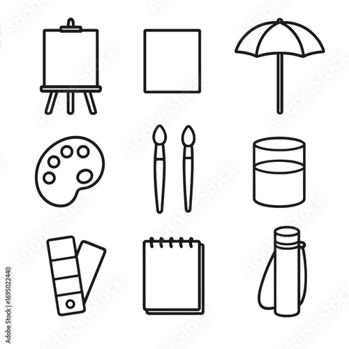 Outdoor Painting Tools Icon. Outline style icon of Outdoor Painting Retreat: easel stand, canvas sheet, paint palette, brush set,