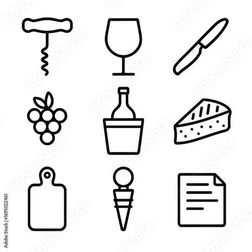 Wine & Cheese Icons. Outline style icon of Wine & Cheese Soirée: corkscrew opener, wine glass, cheese knife, grape bunch, bottle
