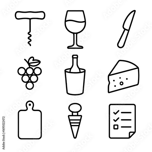 Wine & Cheese Icons. Outline style icon of Wine & Cheese Soirée: corkscrew opener, wine glass, cheese knife, grape bunch, bottle