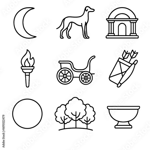 Roman Moon Deities Icons. Outline style icon of Roman Moon Deities: Luna crescent disc, Diana hound, ivory chariot, lunar temple
