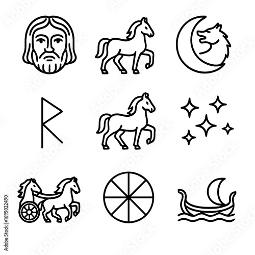 Norse Moon Chariot Icon. Outline style icon of Norse Moon Chariot: Máni visage, horse Árvakr, horse Alsvinn, time rune, wolf Hati,