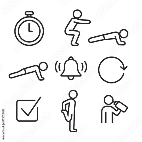 Micro Workout Icons. Outline style icon of Time-Efficient Micro Workouts: 5-minute timer, 10 squats, 10 push-ups, 20 mountain