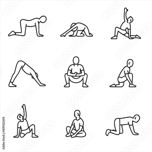 Mobility Routine Icons. Outline style icon of Mobility Wake-Up Flow: cat-cow, thread the needle, world’s greatest stretch,