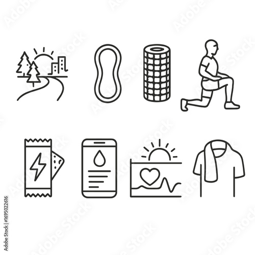 Morning Fitness Icons. Outline style icons of Morning Fitness: dawn city running path, resistance band loop, foam roller cylinder,