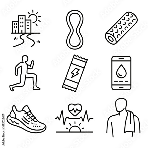 Morning Fitness Icons. Outline style icons of Morning Fitness: dawn city running path, resistance band loop, foam roller cylinder,